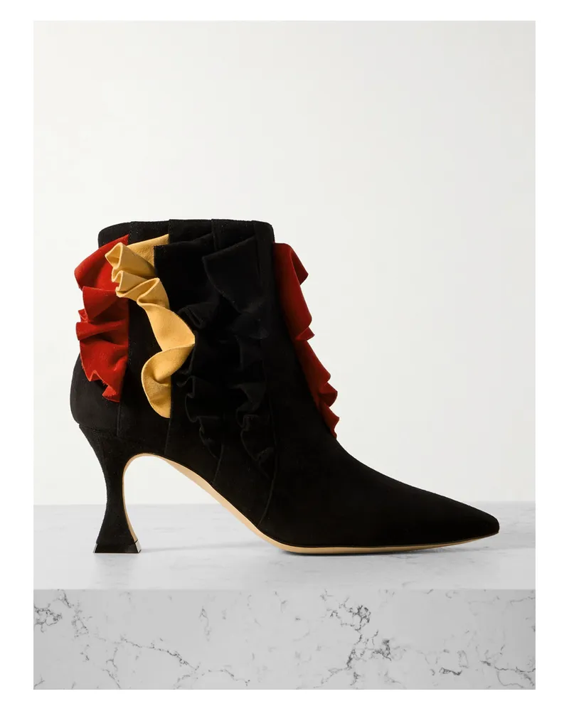 Manolo Blahnik Pompa 70 Ankle Boots Aus Veloursleder Mit Rüschen - Schwarz Schwarz
