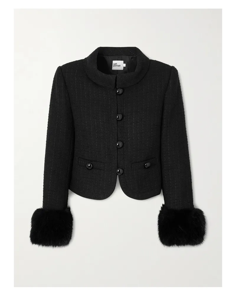 Self-Portrait Verkürzte Jacke Aus Bouclé-tweed Mit Plüschbesatz - Schwarz Schwarz