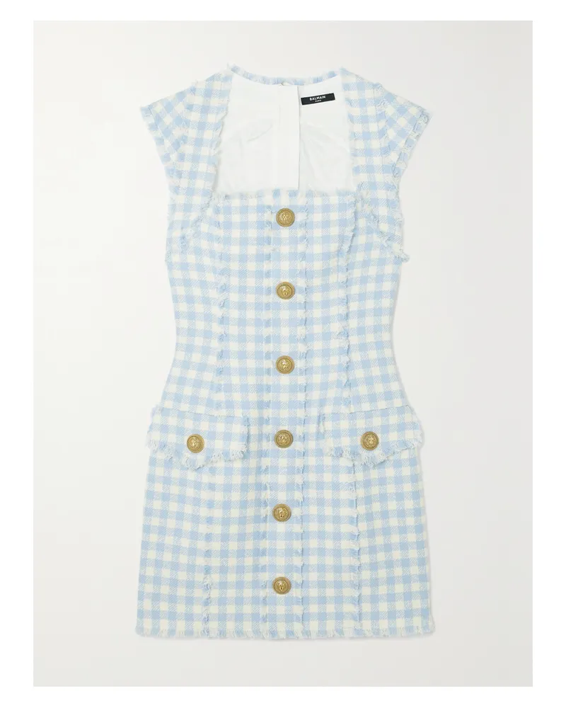 Balmain Minikleid Aus Tweed Aus Einer Baumwollmischung Mit Gingham-karo Und Fransen - Blau Blau