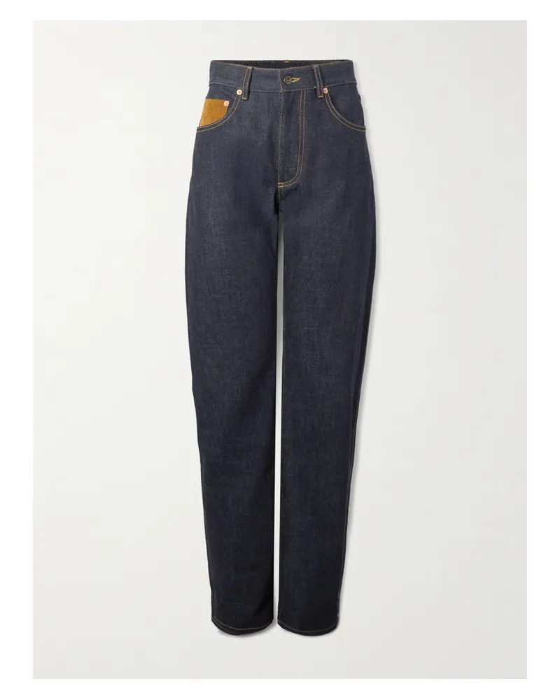 Bottega Veneta Intrecciato Suede-trimmed High-rise Straight-leg Jeans - Blue Blue