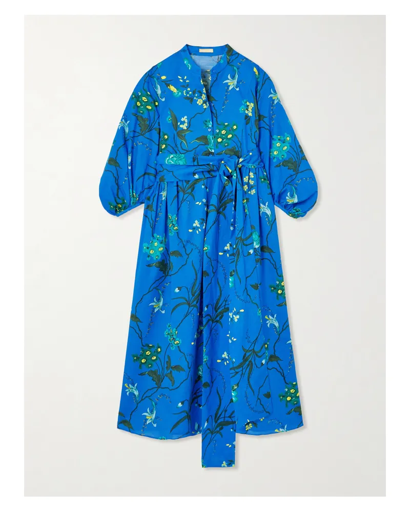 Erdem Midikleid Aus Einer Baumwoll-leinenmischung Mit Blumenprint Und Bindegürtel - Blau Blau