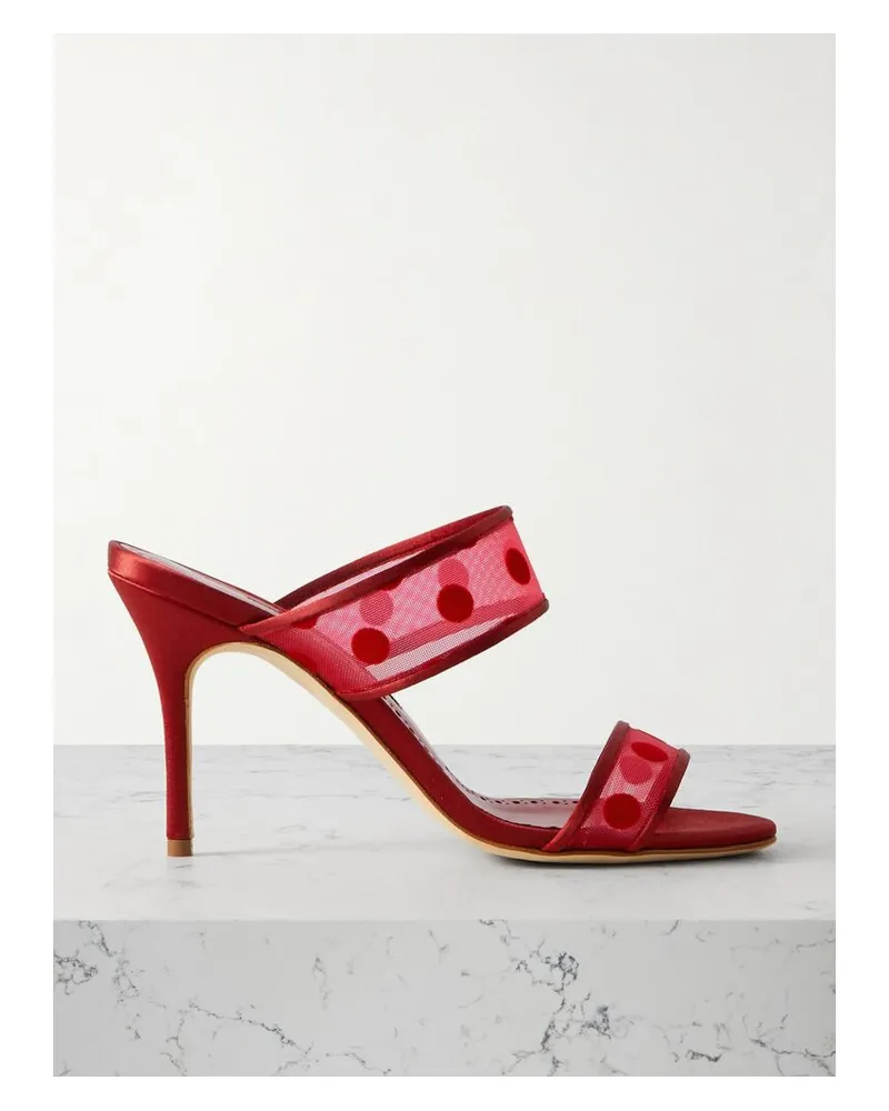 Manolo Blahnik Scolobi 90 Mules Aus Mesh Mit Satinbesätzen Und Flockprint - Rot Rot