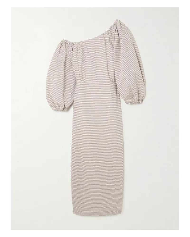 BERNADETTE Cara Schulterfreies Midikleid Aus Gestreiftem Baumwoll-seersucker Mit Raffungen - Braun Braun