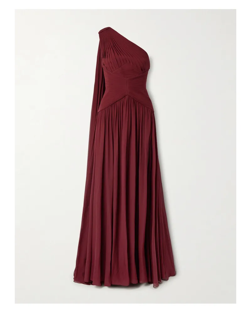 Elie Saab One-shoulder Draped Gathered Silk-georgette Gown - Burgundy Burgundy