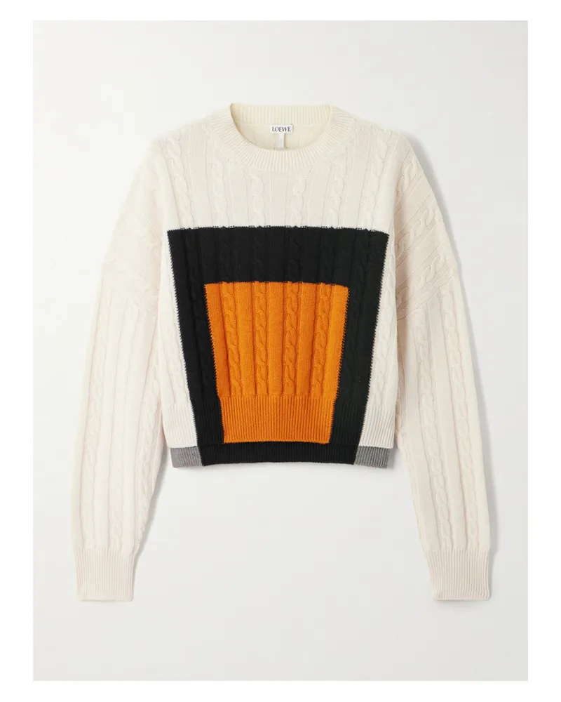 Loewe Pullover Aus Wolle In Zopfstrick Mit Colour-block-optik - Weiß Weiß