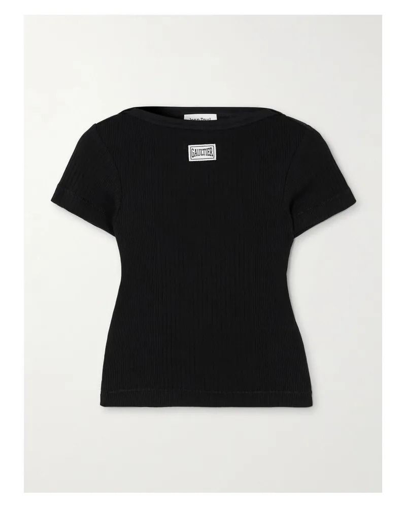 Jean Paul Gaultier Verkürztes T-shirt Aus Gerippter Baumwolle Mit Applikation - Schwarz Schwarz