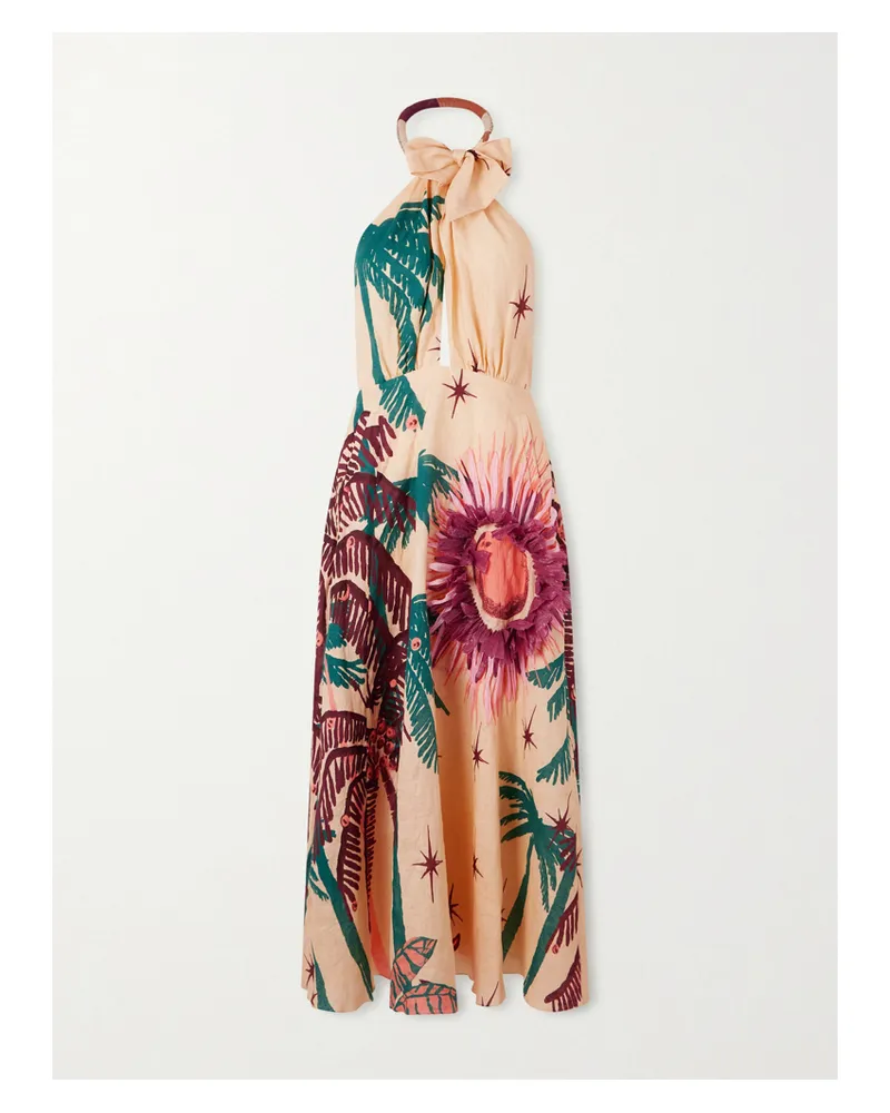 Johanna Ortiz Appliquéd Printed Leather-trimmed Linen-blend Halterneck Maxi Dress - Neutrals Neutrals