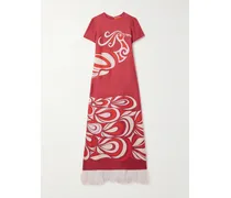 Swing Maxikleid Aus Bedrucktem Seiden-twill Mit Federn - Rot