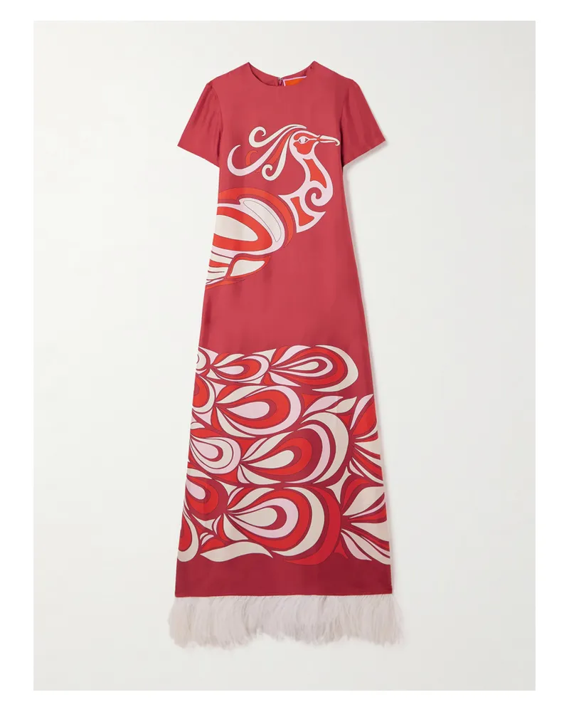 La DoubleJ Swing Maxikleid Aus Bedrucktem Seiden-twill Mit Federn - Rot Rot