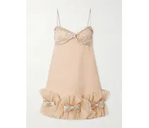 Bow-detailed Lace, Satin And Crepon-trimmed Wool And Silk-blend Crepe Mini Dress - Pink