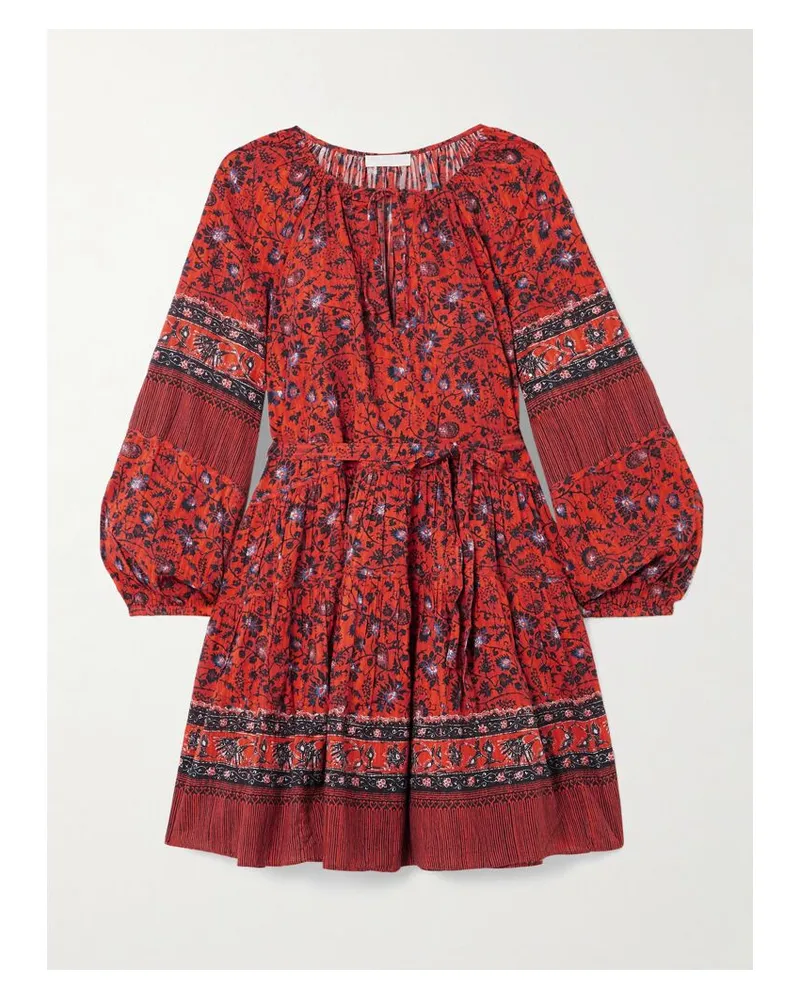 Ulla Johnson Abri Minikleid Aus Bedrucktem Voile Aus Einer Baumwollmischung Mit Bindegürtel - Rot Rot