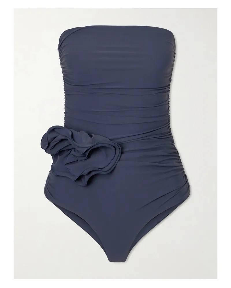 Magda Butrym Strapless Appliquéd Gathered Swimsuit - Gray Gray