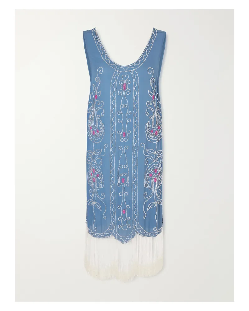 BODE Sea Flower Beaded Silk Dress - Blue Blue