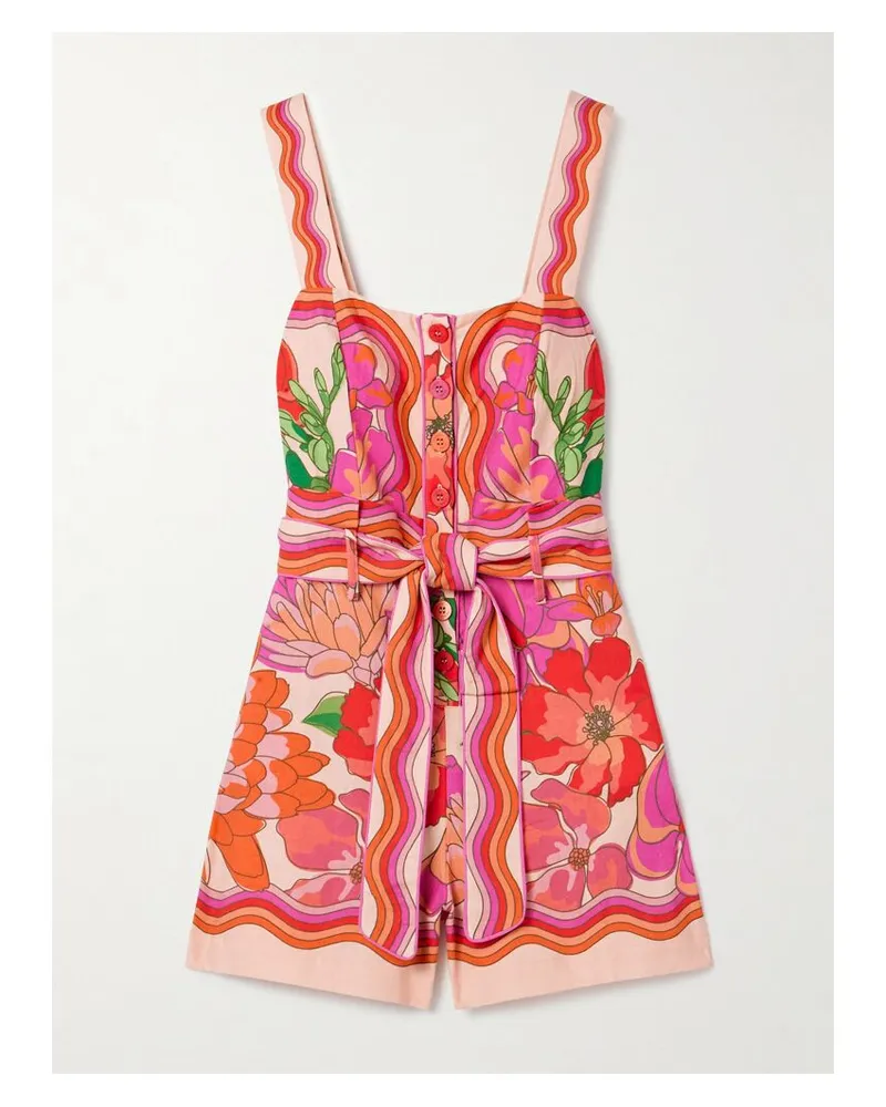 FARM Rio Playsuit Aus Einer Bedruckten Leinenmischung Mit Bindegürtel - Pink Pink