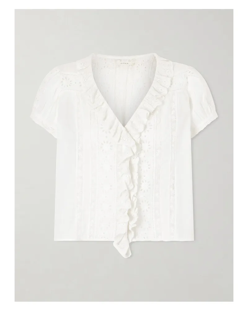 DÔEN Clairette Cropped Ruffled Lace-trimmed Organic Cotton-voile Top - White White