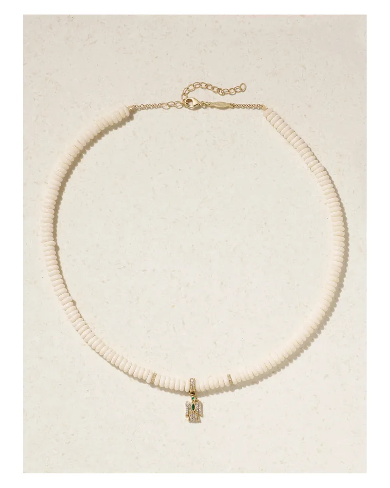 Jacquie Aiche Thunderbird Kette Mit Knochen, Diamanten, Smaragden Und Details Aus 14 Karat Gold - Weiß Weiß