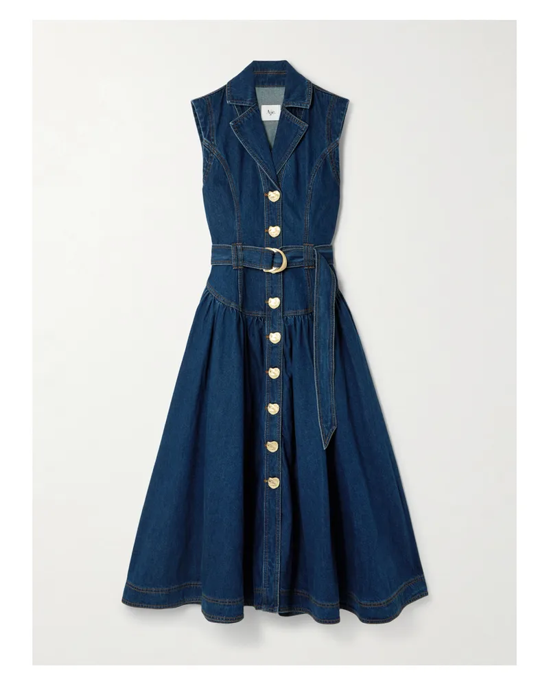 Aje. Elena Midi-jeanskleid Mit Raffungen Und Gürtel - Blau Blau