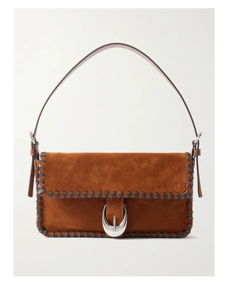 STAUD Harlow Buckled Whipstitched Suede Shoulder Bag - Brown Brown