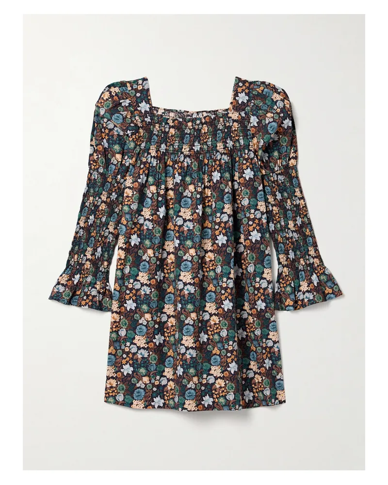 DÔEN Sabia Shirred Floral-print Organic Cotton-poplin Mini Dress - Blue Blue