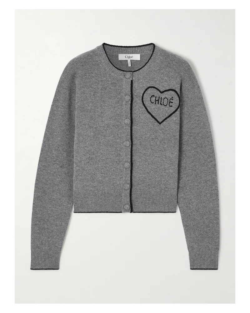 Chloé Embroidered Wool And Cashmere-blend Cardigan - Gray Gray