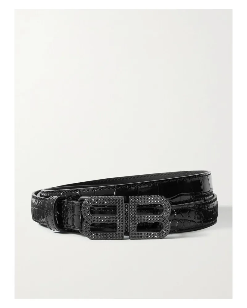 Balenciaga Bb Hourglass Gürtel Aus Leder Mit Krokodileffekt Und Kristallen - Schwarz Schwarz