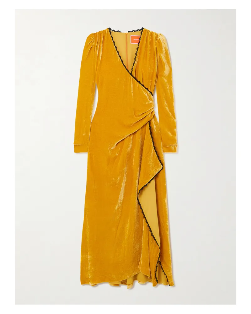 La DoubleJ Wrap-effect Draped Lace-trimmed Velour Maxi Dress - Yellow Yellow