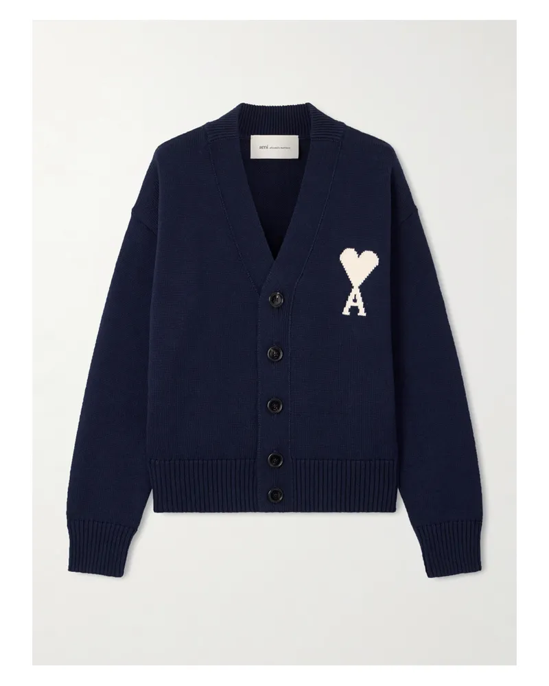 AMI Paris Cardigan Aus Einer Woll-baumwollmischung In Strick Mit Intarsienmotiv - Blau Blau