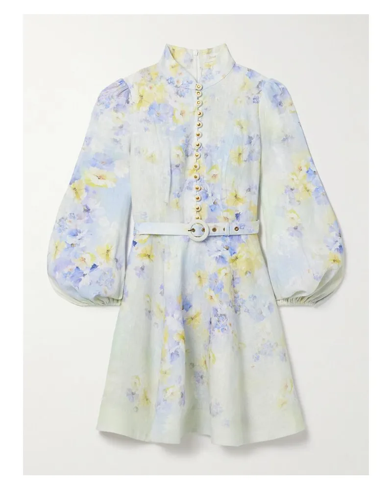 Zimmermann Crush Minikleid Aus Leinen Mit Blumenprint, Verzierungen Und Gürtel - Blau Blau