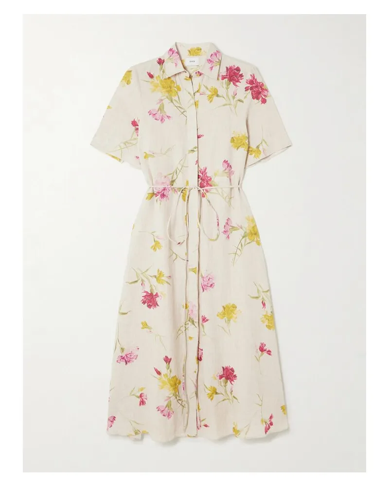 Erdem Midi-hemdblusenkleid Aus Leinen Mit Blumenprint Mit Bindegürtel - Neutral Neutral