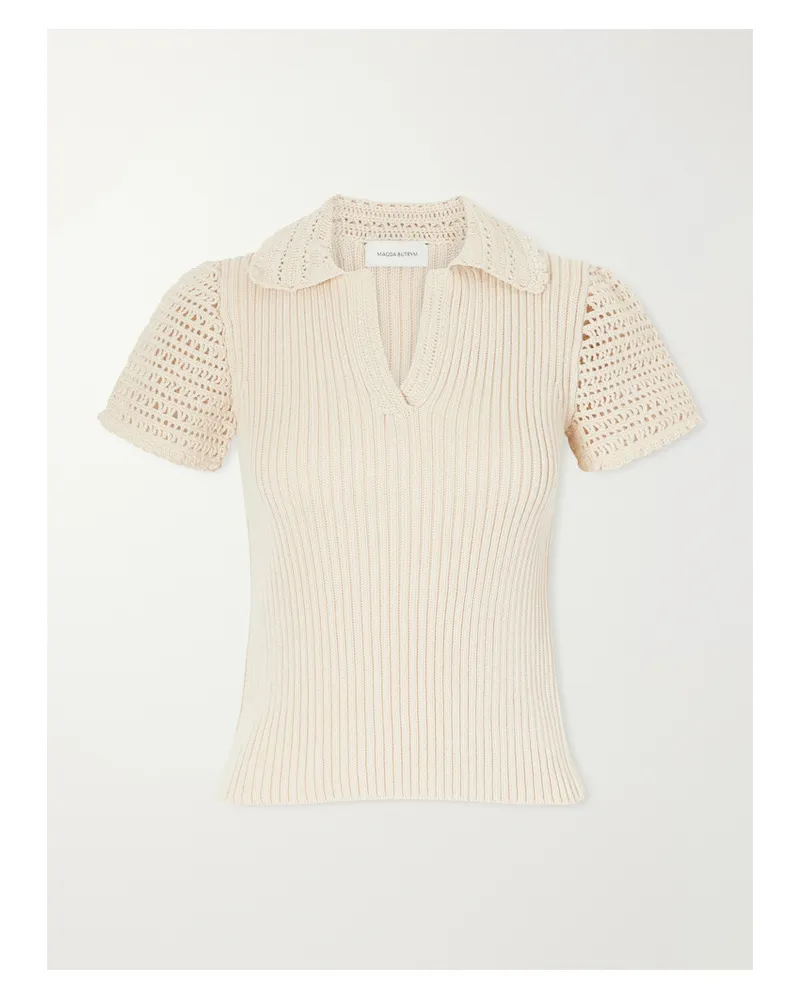 Magda Butrym Crochet-trimmed Ribbed Cotton Polo Shirt - Neutrals Neutrals
