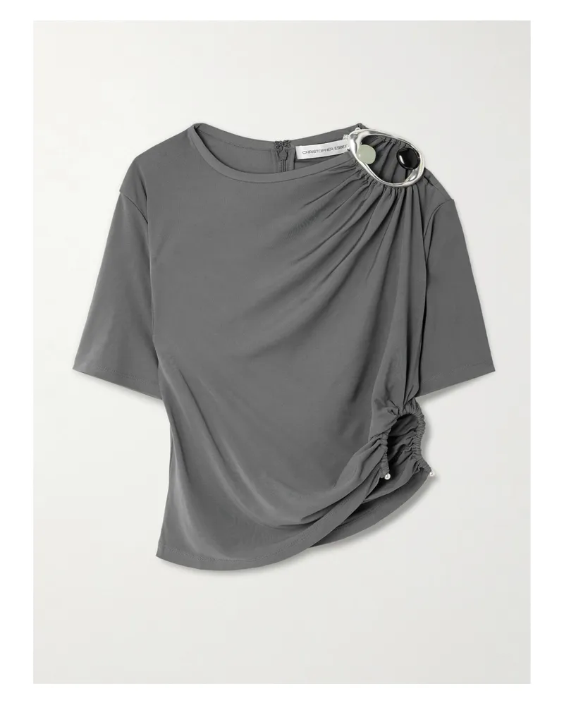Christopher Esber Orica Cropped Asymmetric Embellished Ruched Jersey T-shirt - Gray Gray