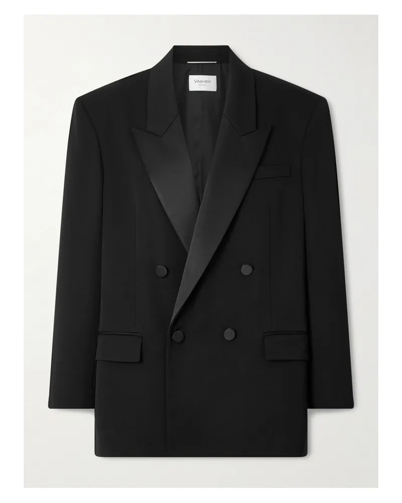 Saint Laurent Double-breasted Satin-trimmed Grain De Poudre Wool Blazer - Black Black