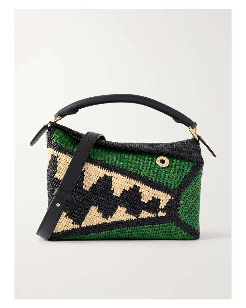 Loewe Paula's Ibiza Puzzle Edge Crocodile Leather-trimmed Raffia Shoulder Bag - Green Green