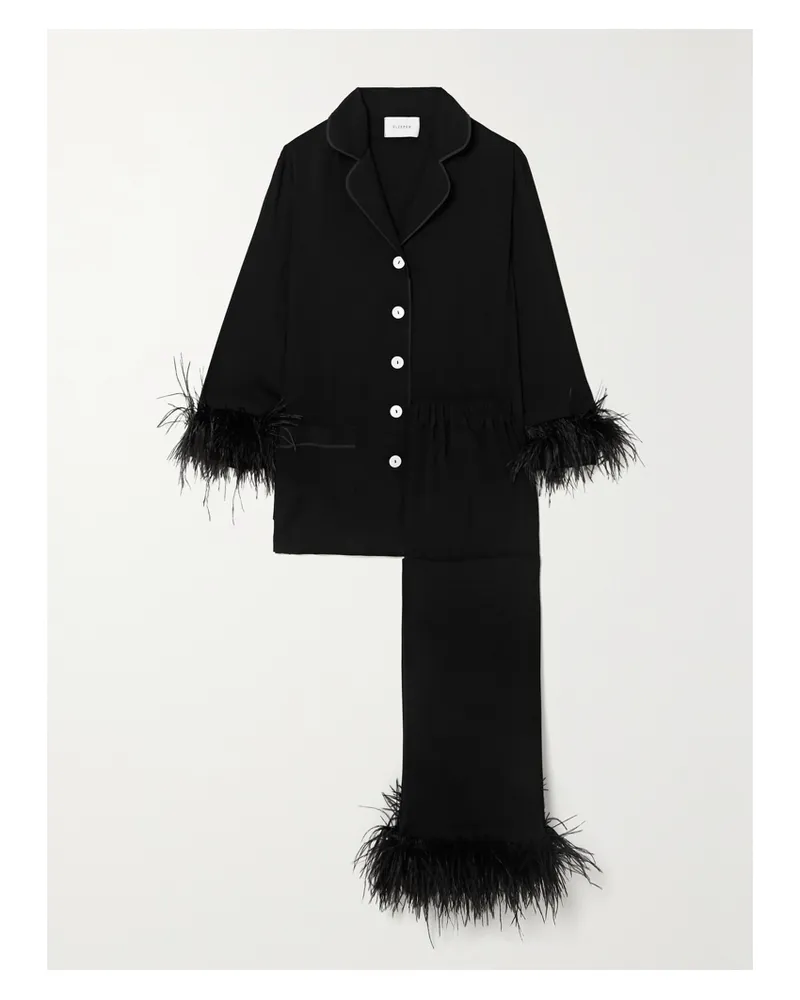 SLEEPER Net Sustain Pyjama Aus Crêpe De Chine Mit Federn - Schwarz Schwarz