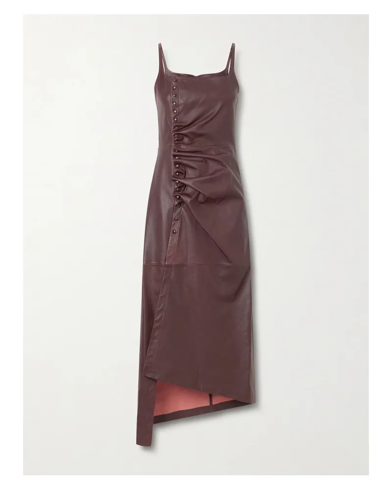 Paco Rabanne Asymmetric Ruched Leather Midi Dress - Brown Brown