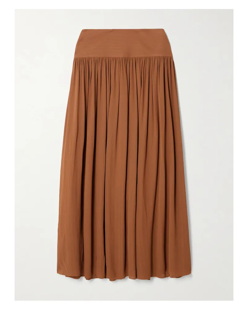 Joseph Santos Pinstriped Gathered Crepe Midi Skirt - Brown Brown