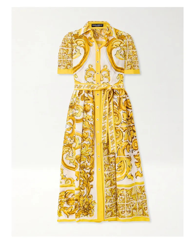 Dolce & Gabbana Maiolica Midikleid Aus Bedruckter Baumwollpopeline Mit Falten Und Bindegürtel - Gelb Gelb