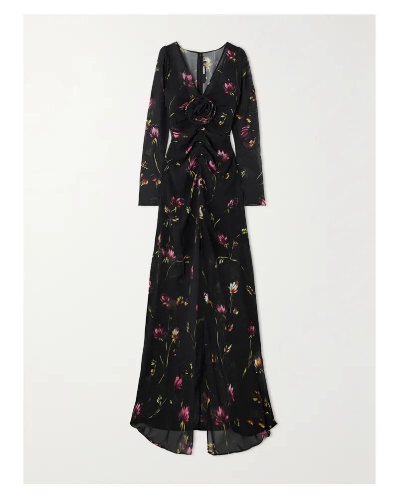 ROTATE Birger Christensen Net Sustain Grya Maxikleid Aus Recyceltem Georgette Mit Blumenprint Und Applikation - Schwarz Schwarz