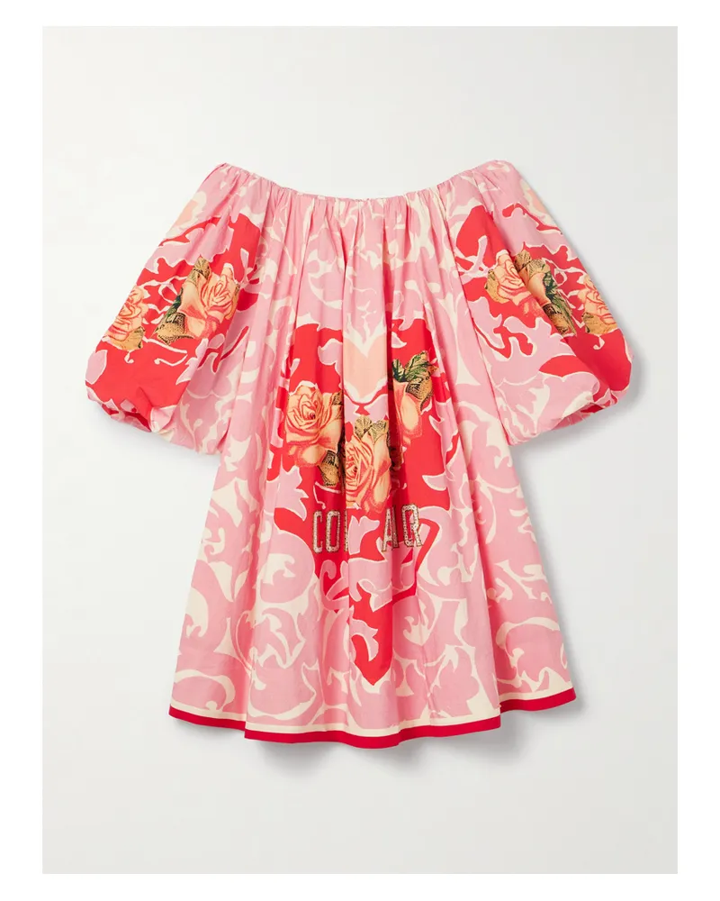 Camilla Schulterfreies Minikleid Aus Bedruckter Biobaumwollpopeline Mit Kristallen - Pink Pink