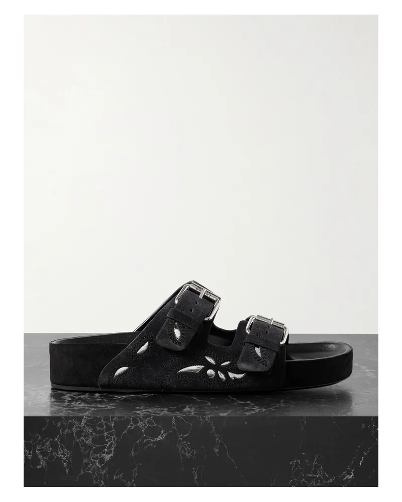 Isabel Marant Lennyo Pantoletten Aus Veloursleder Mit Cut-outs Und Stickereien - Schwarz Schwarz