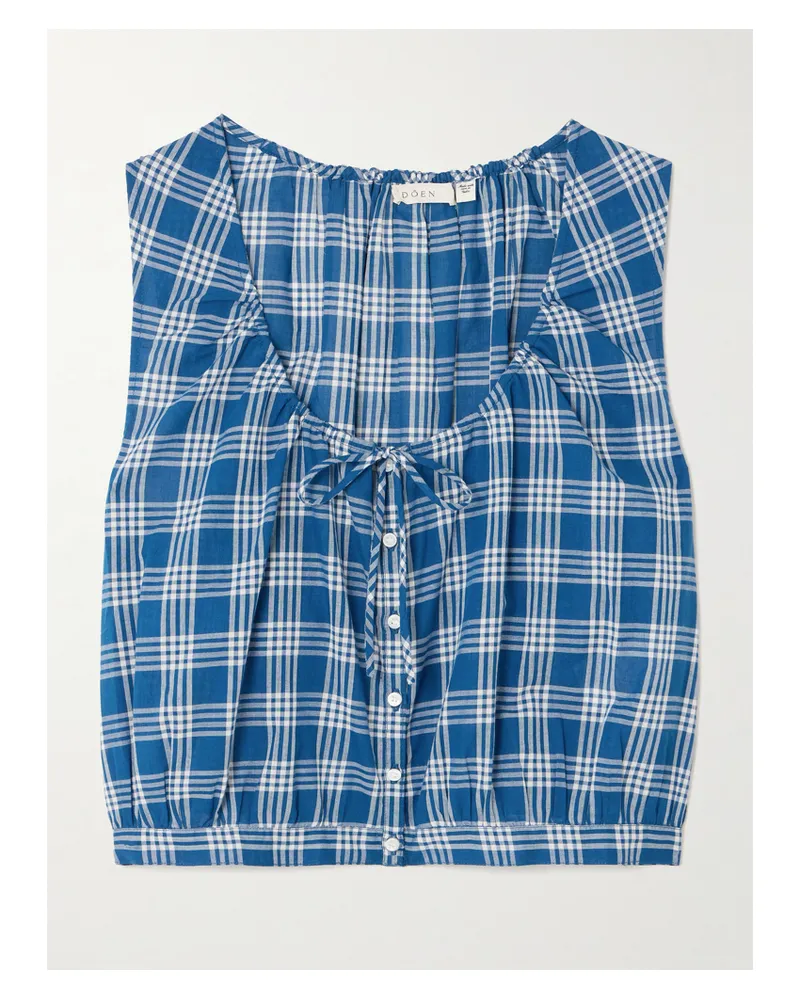 DÔEN Theo Cropped Checked Organic Cotton Top - Blue Blue