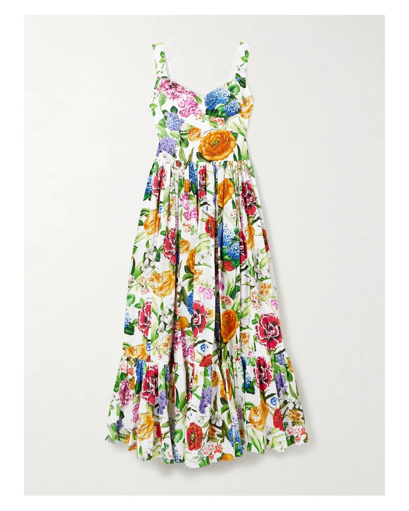Dolce & Gabbana Midikleid Aus Baumwollpopeline Mit Blumenprint Und Falten - Mehrfarbig Mehrfarbig