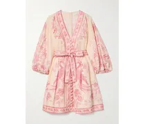 Lucky Minikleid Aus Bedrucktem Leinen Mit Bindegürtel - Pink