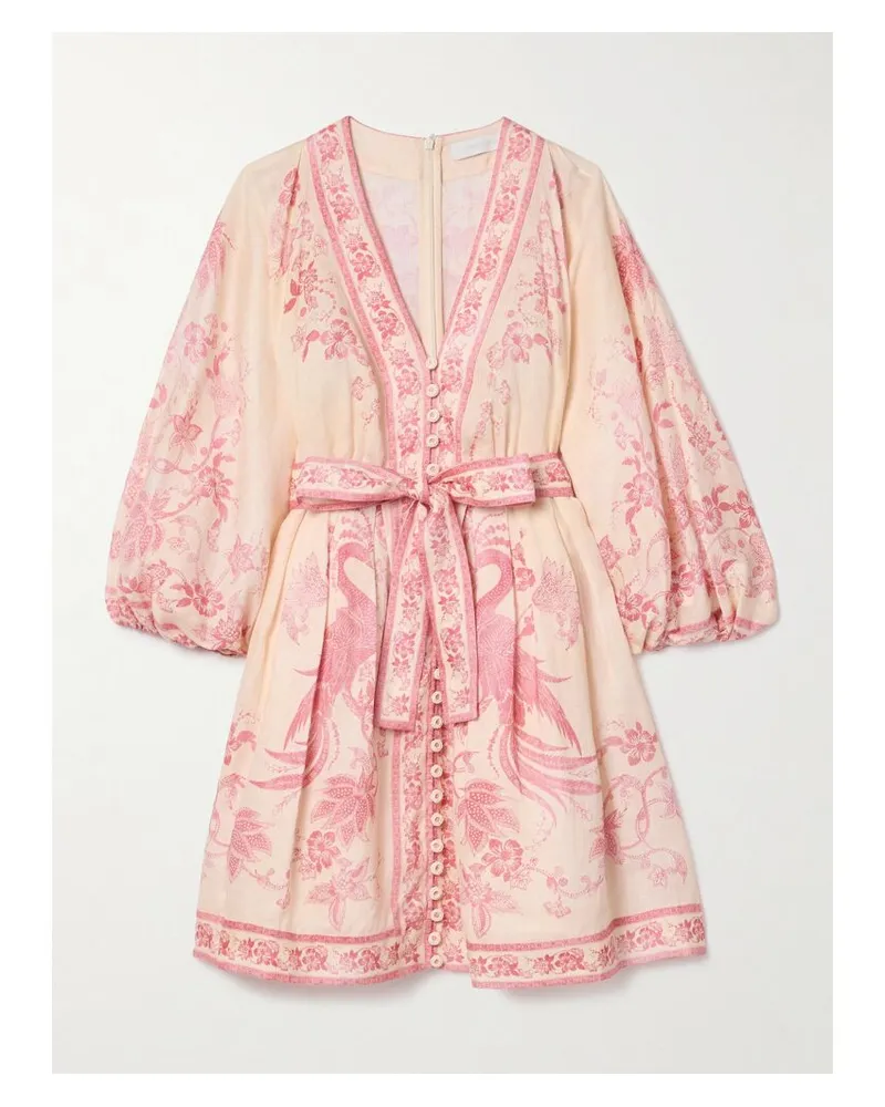 Zimmermann Lucky Minikleid Aus Bedrucktem Leinen Mit Bindegürtel - Pink Pink