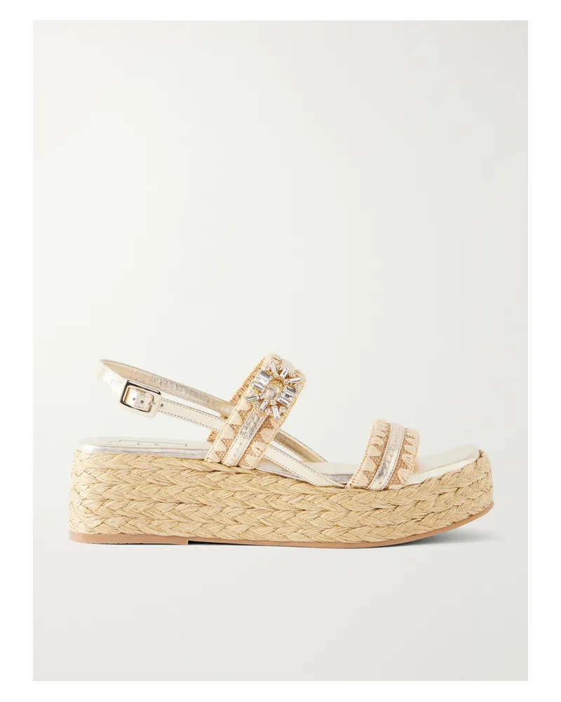 Roger Vivier Summer Embellished Metallic Leather-trimmed Woven Raffia Platform Sandals - Gold Gold