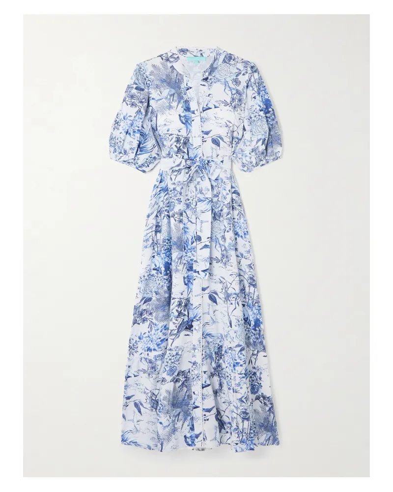 Melissa Odabash Kitty Midikleid Aus Einer Bedruckten Baumwoll-leinenmischung Mit Bindegürtel - Blau Blau