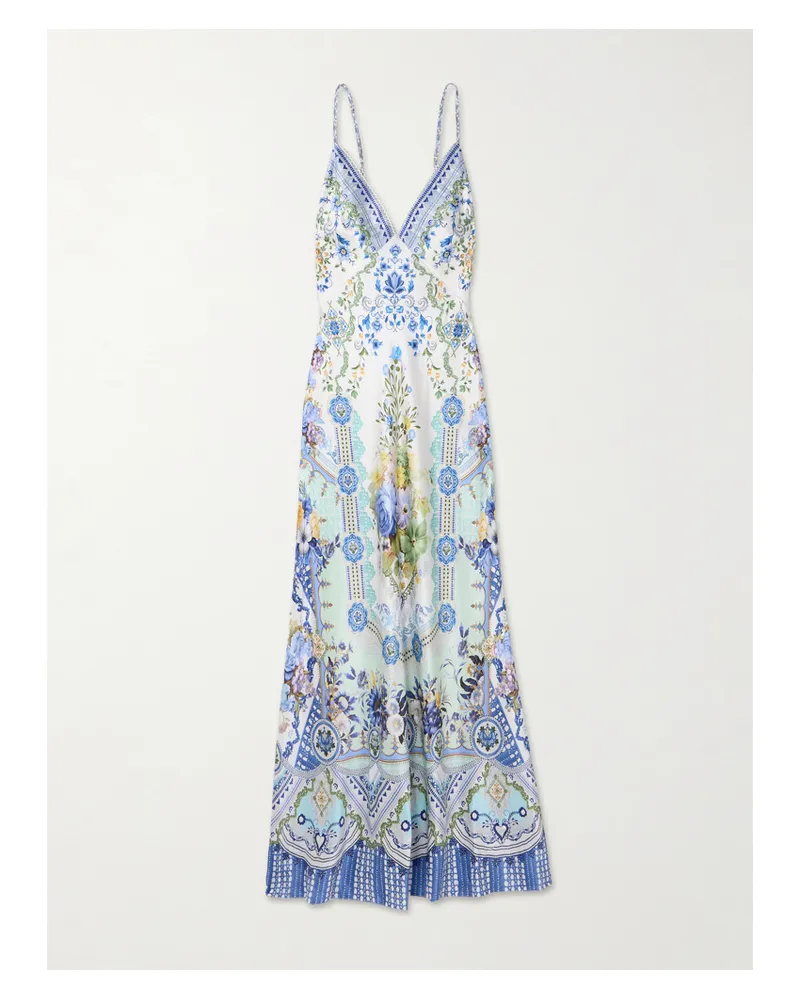 Camilla Maxikleid Aus Seidensatin Mit Blumenprint Und Kristallen - Blau Blau