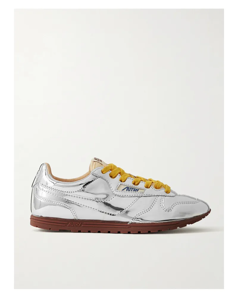 AUTRY Windspin Low Sneakers Aus Verspiegeltem Vinyl Mit Canvas-besatz - Silber Silber