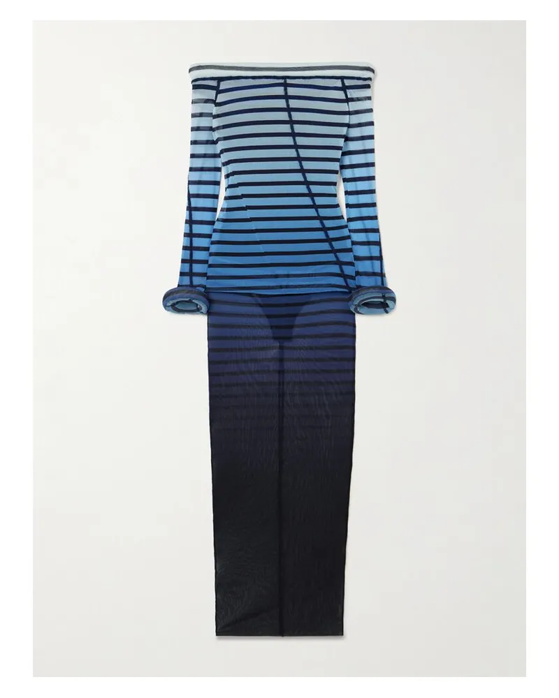 Jean Paul Gaultier Schulterfreies Maxikleid Aus Stretch-mesh Mit Streifen Und Polstern - Blau Blau