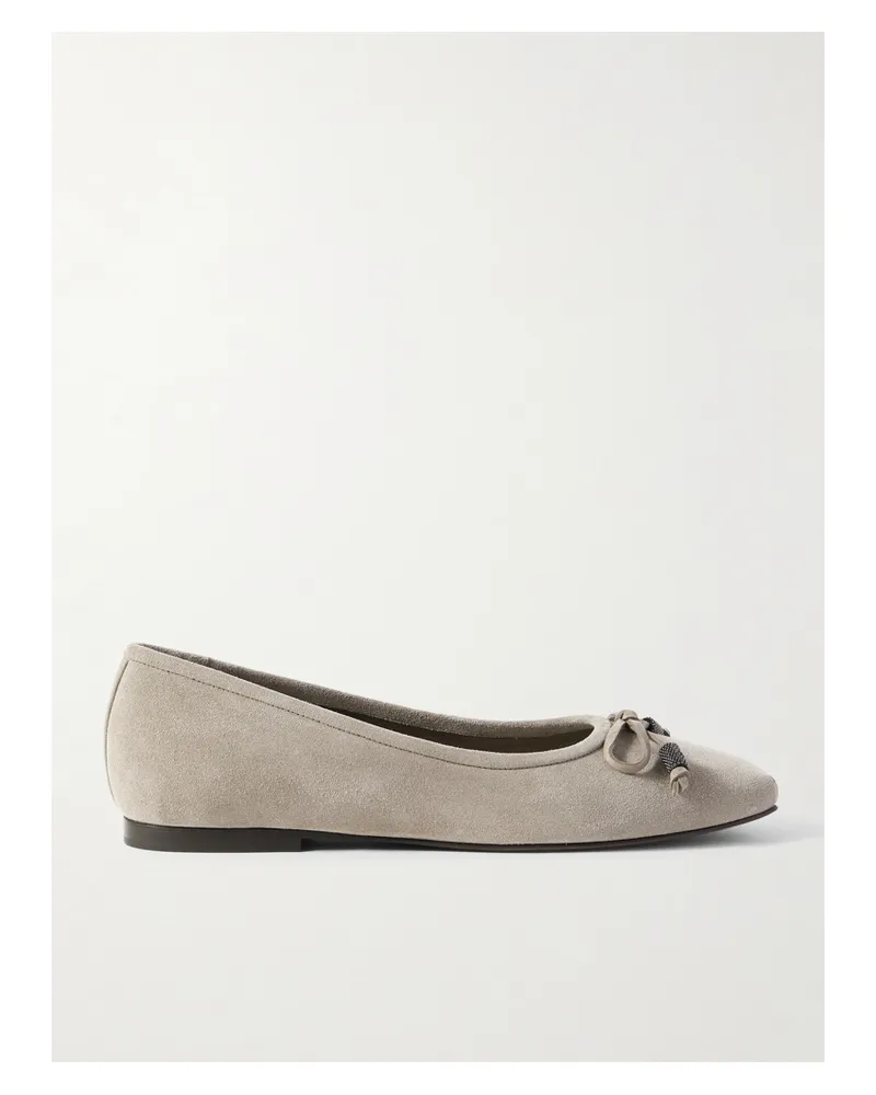 Brunello Cucinelli Bead-embellished Suede Ballet Flats - Neutrals Neutrals
